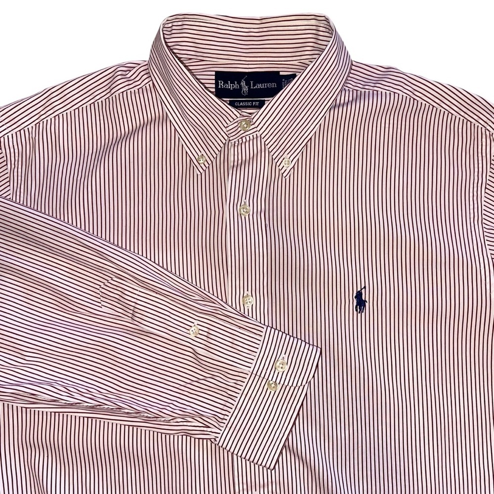 Ralph Lauren Dress Shirt Mens Classic Fit 16.5/33 Burgundy Striped Button Down